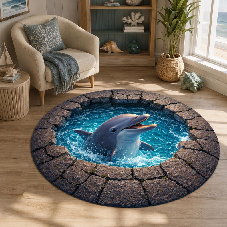Alfombra redonda con ilusión de piscina de delfines, borde de piedra oceánica 3D, decoración marina imagen 3