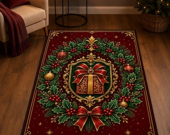 Christmas Gift Wreath Rug, Red Holly Carpet, Elegant Holiday Decor