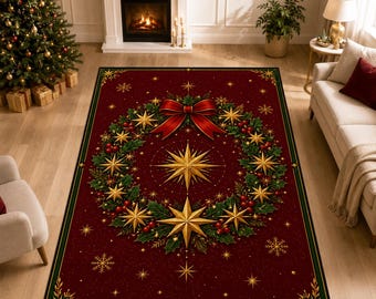 Christmas Wreath Rug, Red Holly Carpet, Classic Holiday Decor