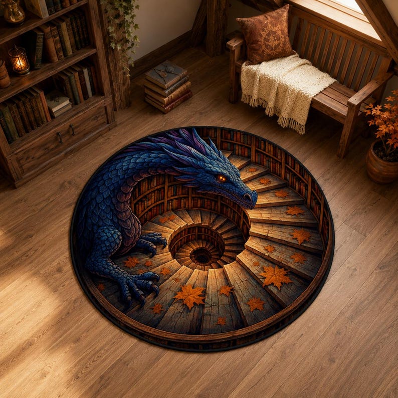 Alfombra redonda Dragón Azul, Escalera de Biblioteca Fantástica, Decoración Gótica para el Hogar imagen 2