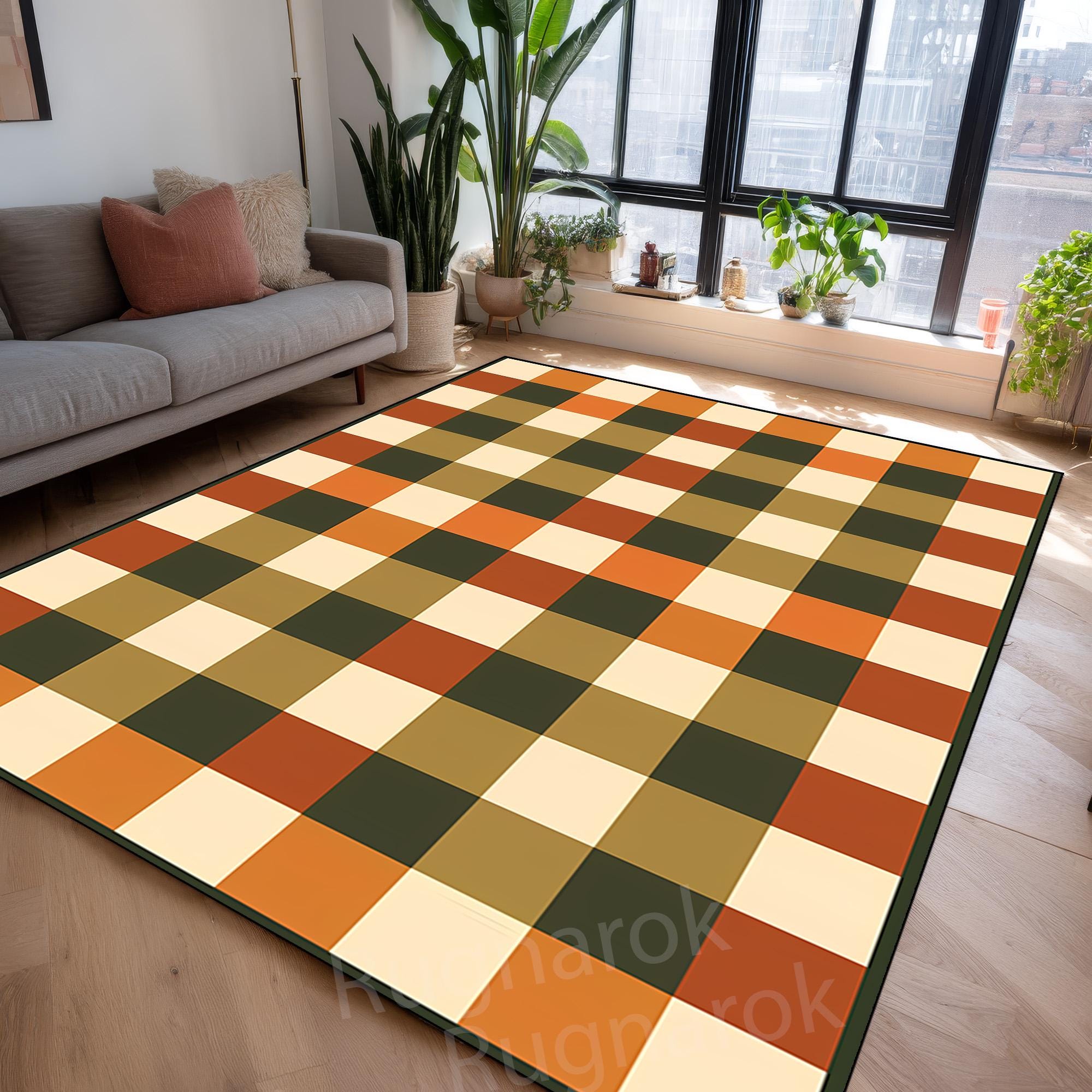 Retro Checkerboard Grid Pattern Rug, Geometric Square Block Carpet,mid ...