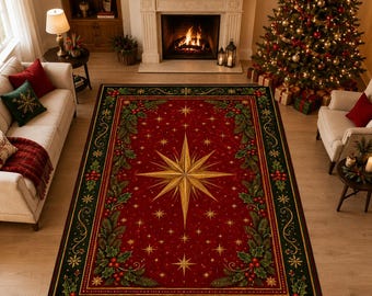 Christmas Star Rug, Red Holly Carpet, Classic Holiday Decor