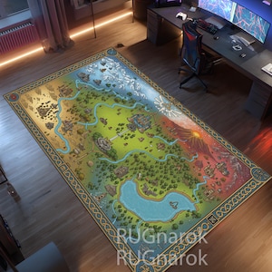 May include: A rectangular area rug featuring a colorful fantasy map design. The rug displays a detailed landscape with mountains, forests, rivers, and a volcano. The border has a decorative pattern, and the rug is placed on a wooden floor.