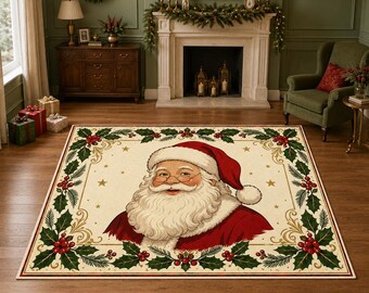 Santa Claus Face Rug, Holly Garland Carpet, Christmas Entryway Decor