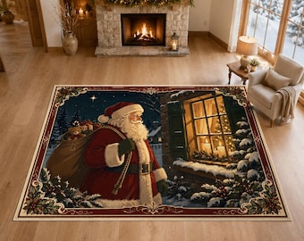 Santa at Window Rug, Christmas Eve Carpet, Storybook Holiday Decor