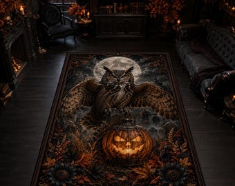 Moonlit Owl Rug, Pumpkin Lantern Carpet, Gothic Halloween Decor