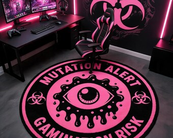 Alfombra redonda con forma de ojo de advertencia de neón, alfombra rosa para juegos, decoración para sala de juegos.