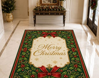 Merry Christmas Rug, Holly Border Carpet, Classic Holiday Decor