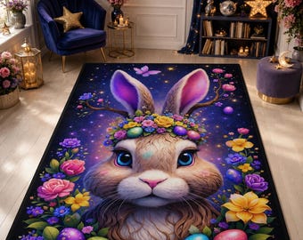 Bunny Floral Easter Rug, Colorful Spring Rabbit, Kids Room Decor