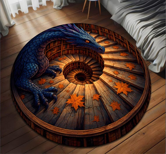 Dragon Round Area Rug, Fantasy Spiral Staircase Carpet, Wooden Library Floor Mat, Blue Dragon Art, Circular Gothic Decor