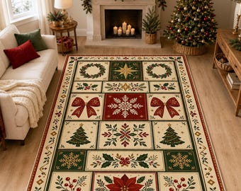 Christmas Patchwork Rug, Red Green Carpet, Classic Holiday Decor