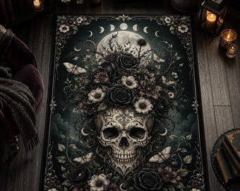 Gothic Floral Skull Rug, Moon Phase Carpet, Dark Botanical Decor
