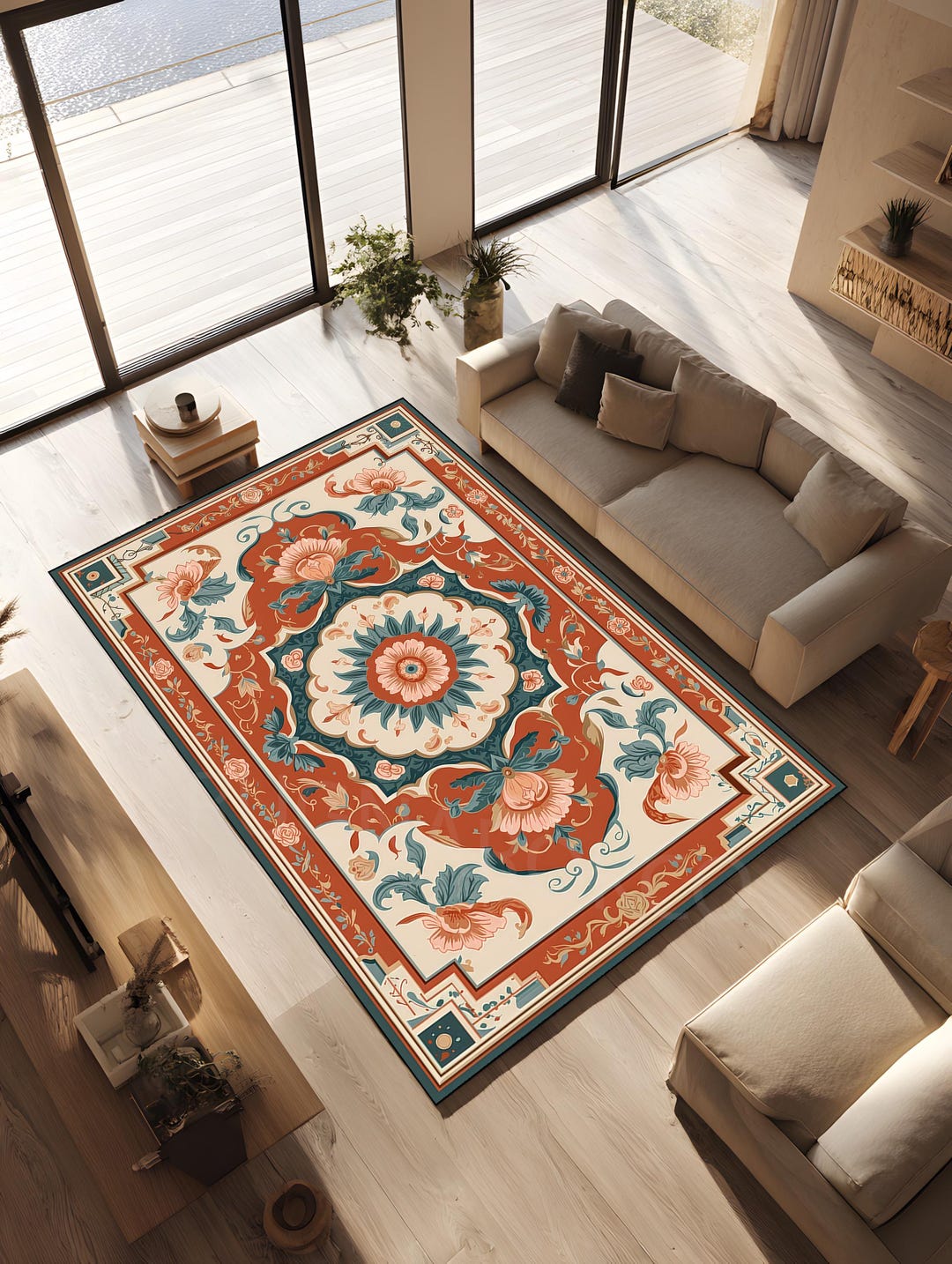 Area Rug Decor Floral Medallion Design Area Rug, Rectangular Botanical Carpet, Teal ...