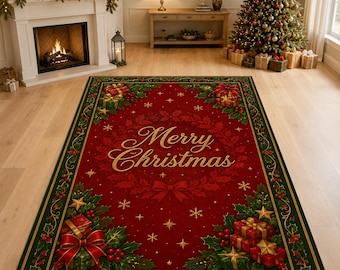 Merry Christmas Rug, Red Gift Carpet, Festive Holiday Decor