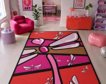 Pink Dragonfly Rug, Whimsical Garden Carpet, Nursery Decor