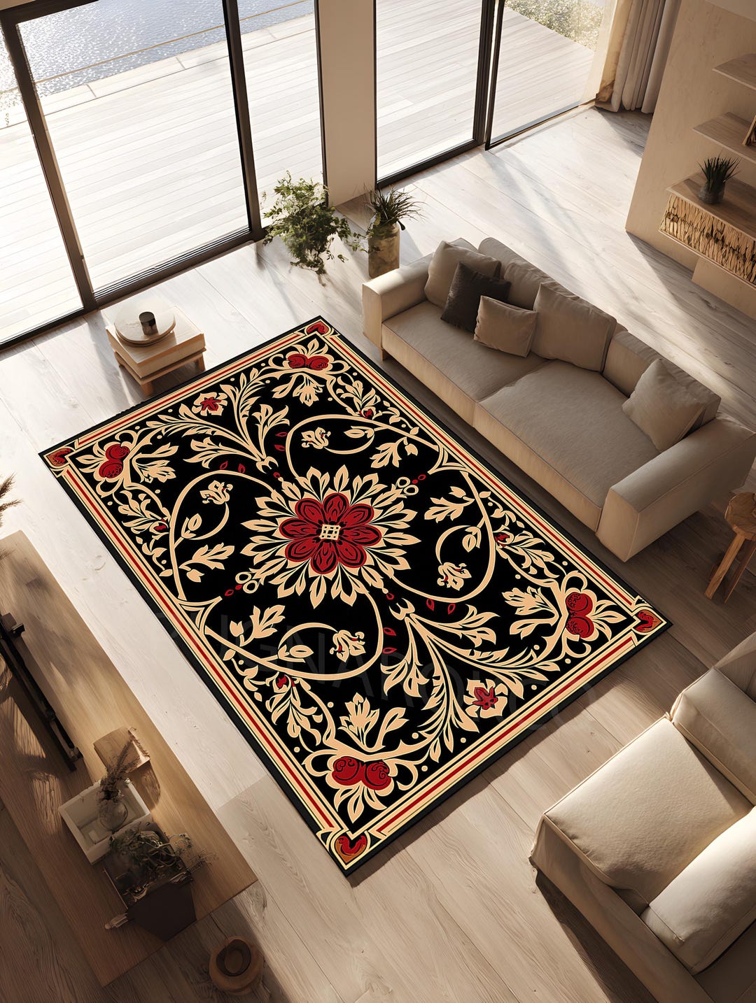 Ornament Pattern Rug Ornamental Floral Medallion Design Rug, Black Red Botanical Pattern ...
