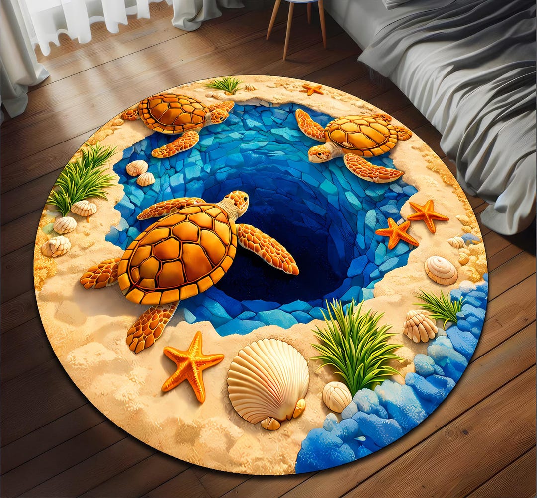 Tortoise Shell Rug Sea Turtle Area Rug, Round 3D Ocean Hole Illusion Carpet, Beach Shell ...