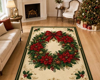 Poinsettia Wreath Rug, Red Holly Carpet, Classic Christmas Decor