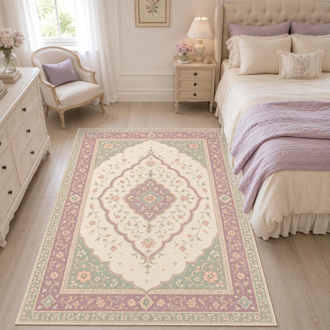 Pastel Floral Medallion Rug, Soft Botanical Vintage Decor - Etsy