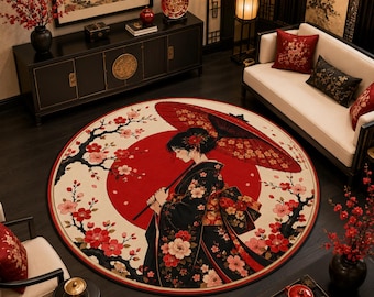 May include: A circular area rug featuring a central illustration of a person in a black floral kimono holding a red umbrella against a large red sun. The design includes blooming cherry blossom branches in shades of red and white.
