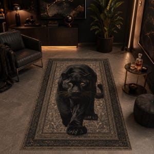 May include: A rectangular area rug featuring a large, realistic black panther centered on a muted, ornate, vintage-style patterned background with a dark, decorative border that frames the central image of the prowling feline.