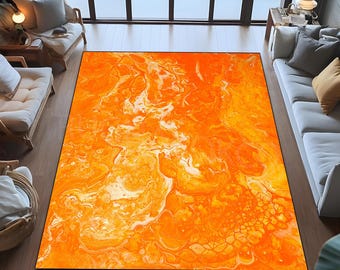 Orange Abstract Rug, Marbled Carpet, Modern Living Room Decor