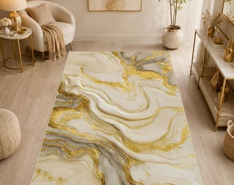 Marble Swirl Area Rug, Abstract Champagne Accent Carpet, Modern Living Room Decor