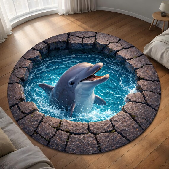 Dolphin Round Area Rug, 3D Ocean Pool Illusion Carpet, Stone Border Design, Blue Water Marine Theme Mat, Living Room Bedroom Decor