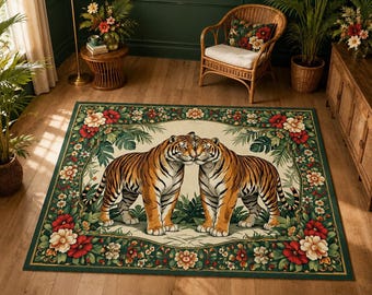 Tiger Rug, Tropical Botanical Carpet, Maximalist Living Room Decor