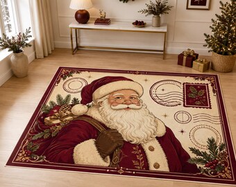 Santa Christmas Mail Rug, Holiday Postcard Carpet, Classic Festive Decor