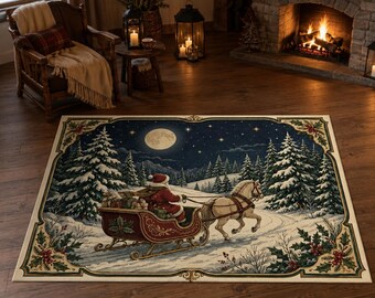 Santa Claus Sleigh Rug, Moonlit Christmas Carpet, Classic Holiday Decor