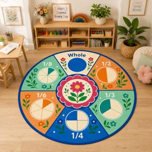 May include: A round educational area rug featuring a central pink flower surrounded by six colorful segments. Each segment displays a fraction, including 1/8, 1/2, 1/3, and 1/4, with corresponding circular diagrams and floral illustrations in shades of blue, green, and orange.