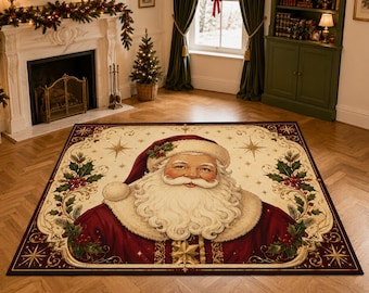 Santa Claus Portrait Rug, Holly Christmas Carpet, Classic Holiday Decor