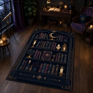 May include: A rectangular area rug featuring a dark blue background with a printed design of four bookshelves. The shelves display various books, a golden crescent moon, a globe, a key, candles, lanterns, and glass bottles with gold accents.