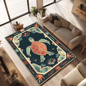Puede incluir: Una alfombra rectangular con un diseño de tortuga marina. La alfombra presenta un fondo verde azulado oscuro con una gran tortuga naranja y marrón en el centro. El borde incluye corales, conchas y otros elementos marinos.