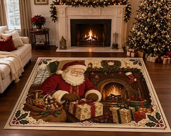 Santa Gift Wrapping Rug, Christmas Fireplace Carpet, Cozy Holiday Decor