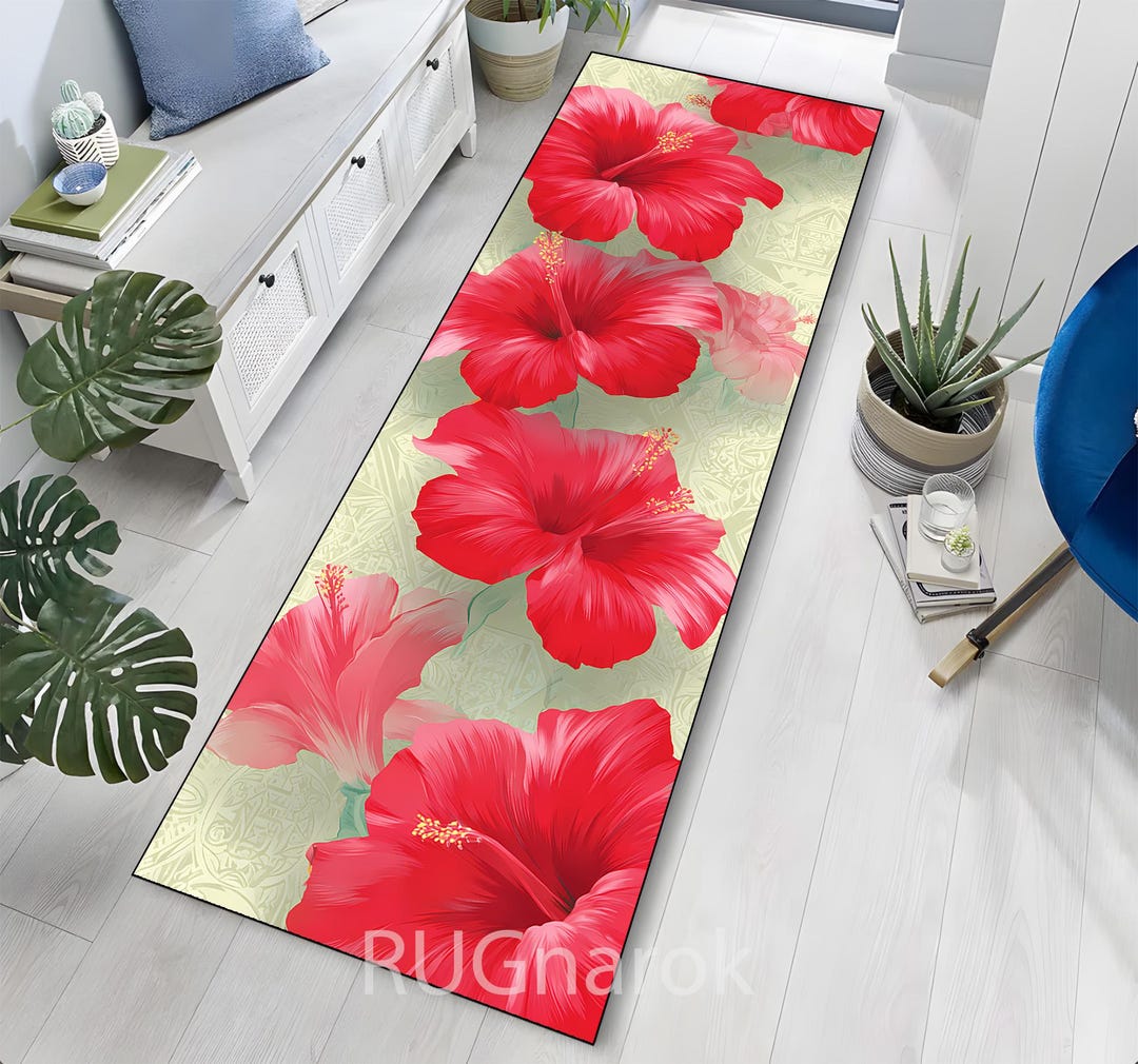 Hibiscus Rug Red Hibiscus Floral Runner Rug, Tropical Flower Hallway Carpet, Bright ...