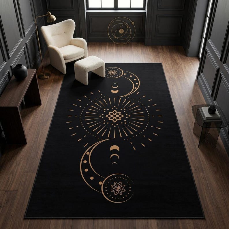Moon Patterned Rugs Celestial Moon Phase Rug, Black Gold Sunburst Medallion Decor - Etsy