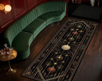 Tappeto ornamentale Art Déco, tappeto nero e oro, decorazione natalizia per il soggiorno.