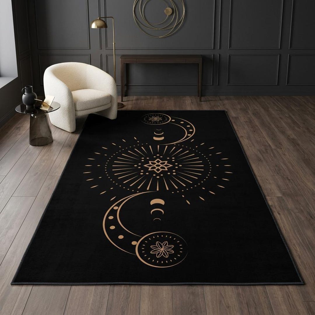 Moon Patterned Rugs Celestial Moon Phase Rug, Black Gold Sunburst Medallion Decor - Etsy