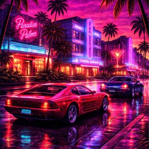 Puede incluir: Una vibrante impresión de arte digital de un paisaje urbano retro al anochecer. Un coche deportivo rojo está estacionado en una calle mojada, con un coche azul en el fondo. Palmeras y letreros de neón con "Paradise Palms" y "Oxford/Barred".