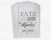 Eat Drink and Be Married Candy Buffet Bags in Black - Personalized Custom Favor Bags with Silverware and Champagne - Paper Treat Bags (0117)