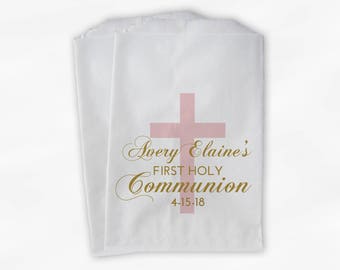 First Communion Favor Bags - Personalized Baptism or Religious Party Custom Favor Bags - Set of 25 Pink and Gold Paper Treat Bags