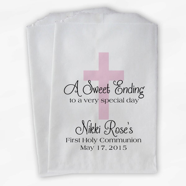 First Communion Favor Bags - Baptism or Religious Party Custom Favor Bags with Cross - Set of 25 Baby Pink and Black Paper Treat Bags