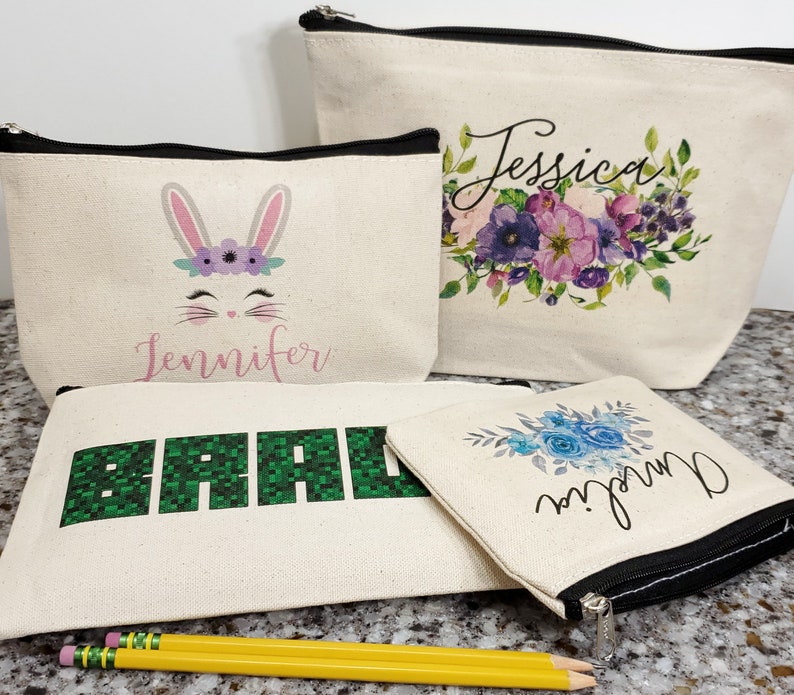 Use as Pencil Bag Rabbit With Flowers Personalized Zipper Pouch in Purple Bunny Zip Case Clutch Makeup Pouch