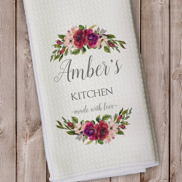 Made With Love Personalized Kitchen Towel with Watercolor Flowers - Gift for Grandparent - Microfiber Towel