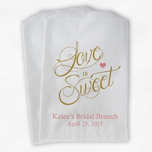 Love Is Sweet Calligraphy Bridal Shower Candy Buffet Treat Bags - Personalized Favor Bags in Rose Pink & Gold - 25 Custom Paper Bags