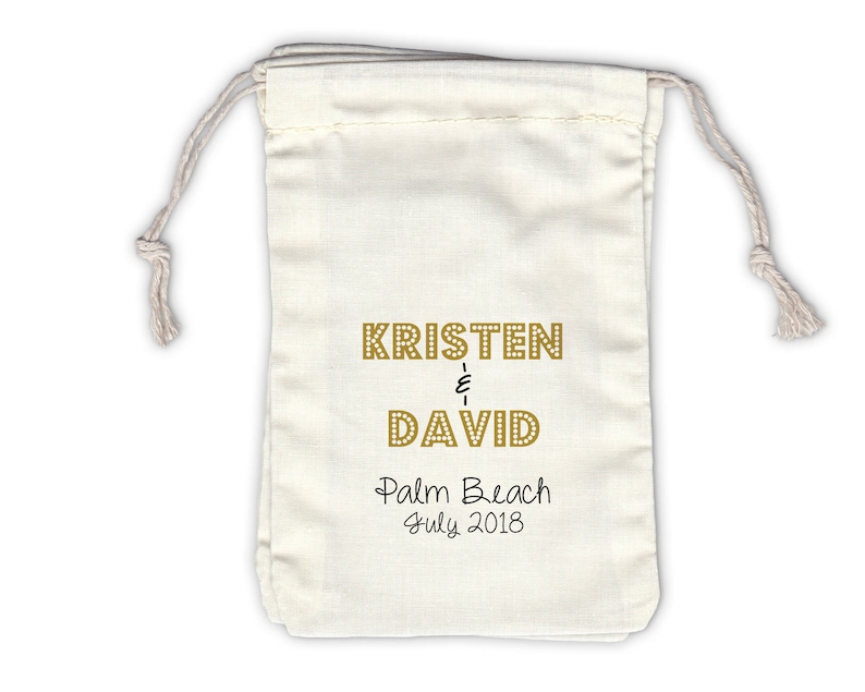 Personalized Marquee Wedding Favor Bags in Gold and Black with Names and Destination Ivory Fabric Drawstring Bags Set of 12 1053