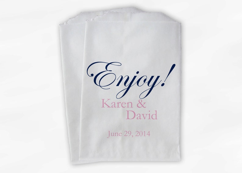 Custom Paper Bags Enjoy Wedding Candy Buffet Treat Bags Pink and Navy Personalized Favor Bags with Names and Date 0026