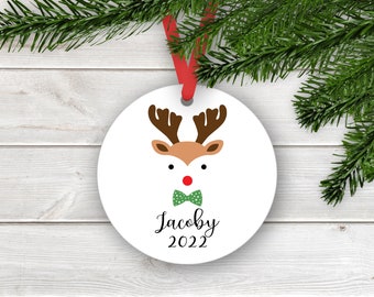 Reindeer Christmas Ornament - Personalized Keepsake Ornament with Reindeer in Bow Tie, Name and Year